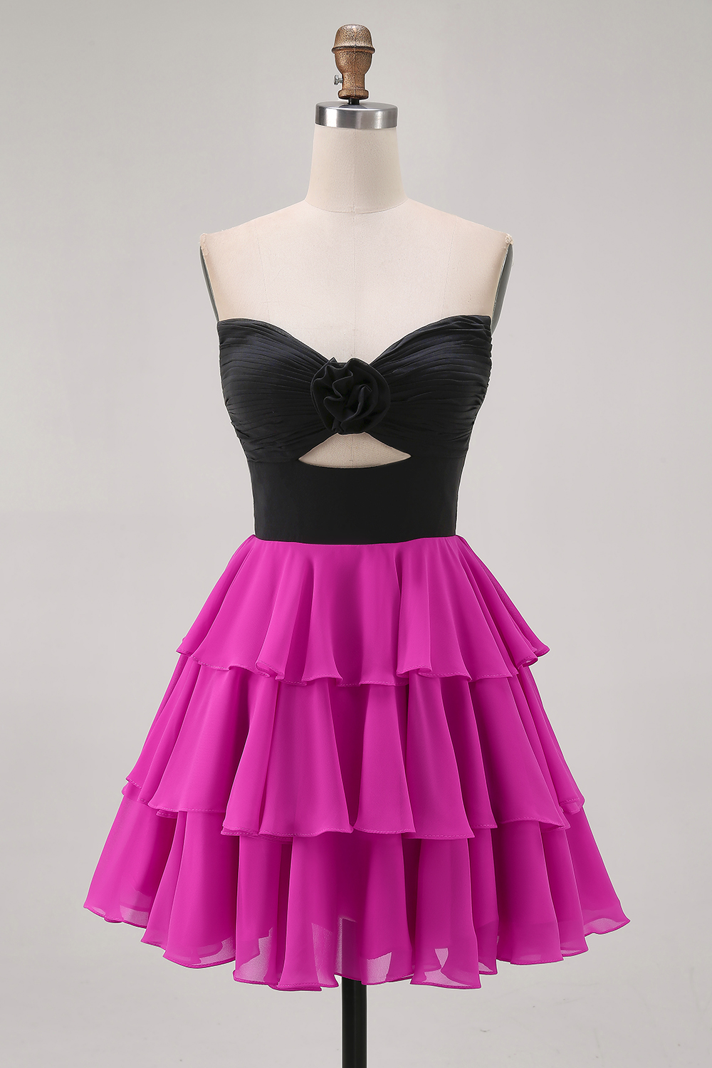 Black and Fuchsia Floral Short Keyhole Homecoming Dress with Ruffles