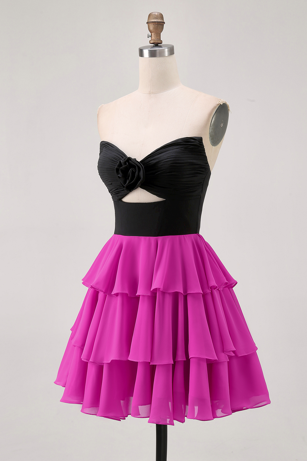Black and Fuchsia Floral Short Keyhole Homecoming Dress with Ruffles