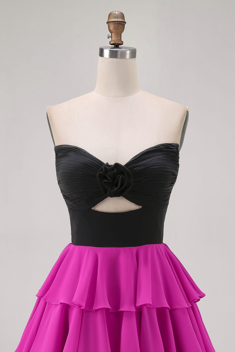 Black and Fuchsia Floral Short Keyhole Homecoming Dress with Ruffles