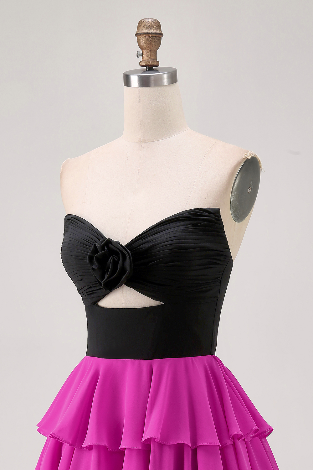 Black and Fuchsia Floral Short Keyhole Homecoming Dress with Ruffles