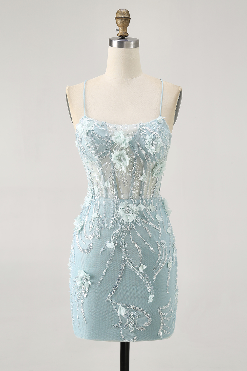 Sparkly Blue Tight Corset Short Floral Homecoming Dress with Sequins