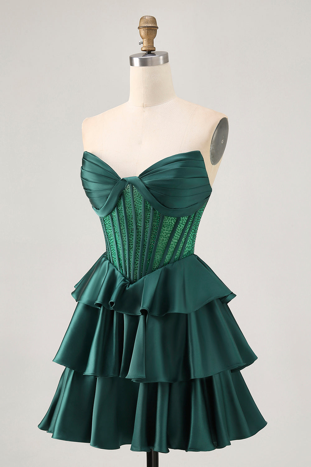 Sparkly Dark Green Tiered Strapless Short Corset Homecoming Dress