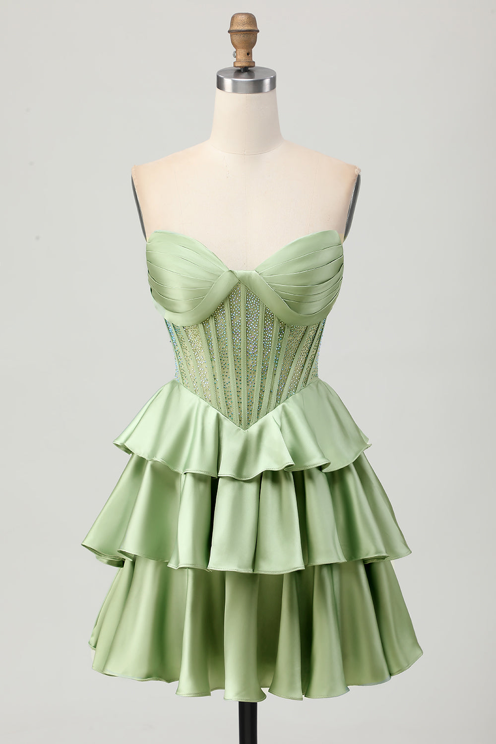 Sparkly Green Beaded Strapless Short Corset Homecoming Dress with Ruffles