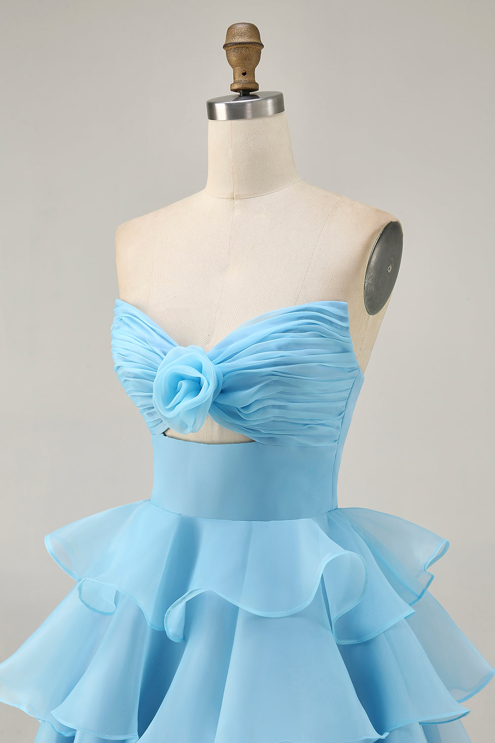 Blue Strapless Ruched Short Floral Homecoming Dress with Ruffles