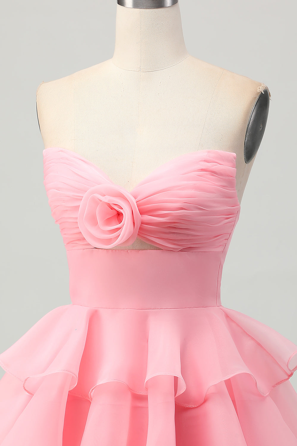 Blush Strapless Ruched Short Floral Homecoming Dress with Ruffles