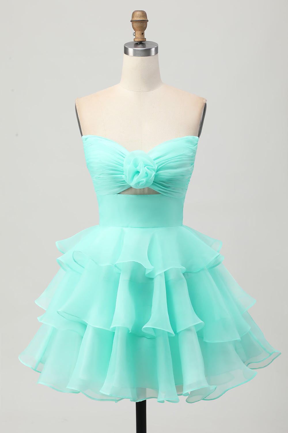 Floral Green Strapless Short Ruched Homecoming Dress with Ruffles