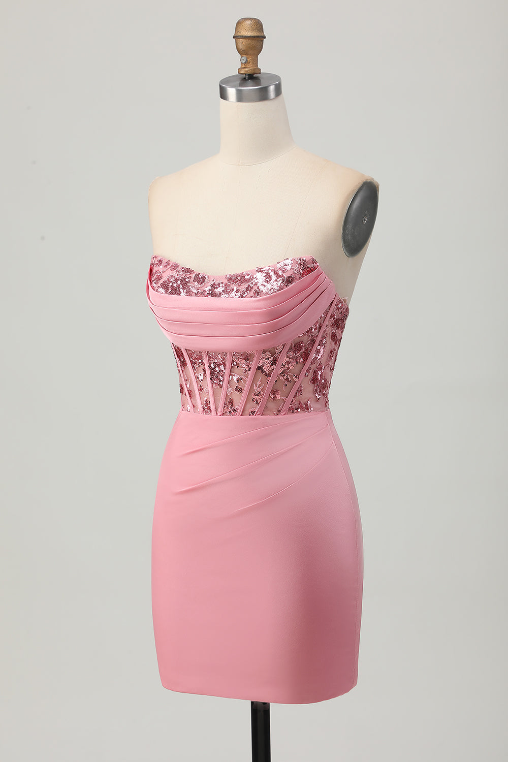 Sparkly Blush Strapless Tight Short Corset Homecoming Dress with Sequins
