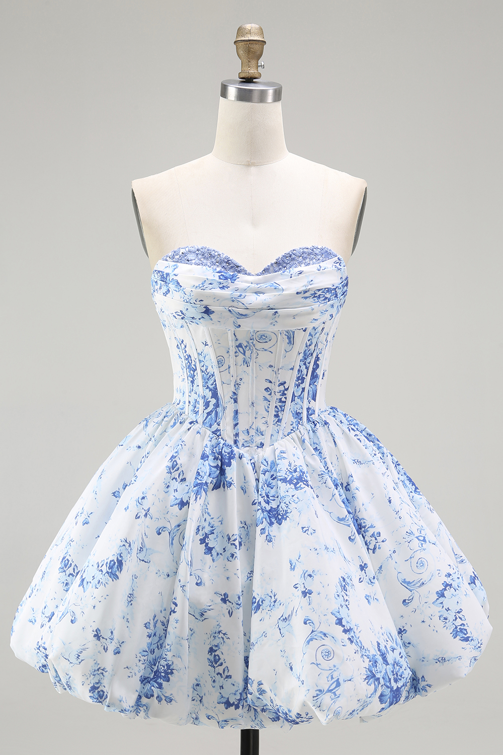 Floral White Blue Sweetheart Short Corset Homecoming Dress