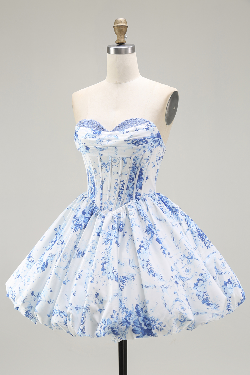 Floral White Blue Sweetheart Short Corset Homecoming Dress