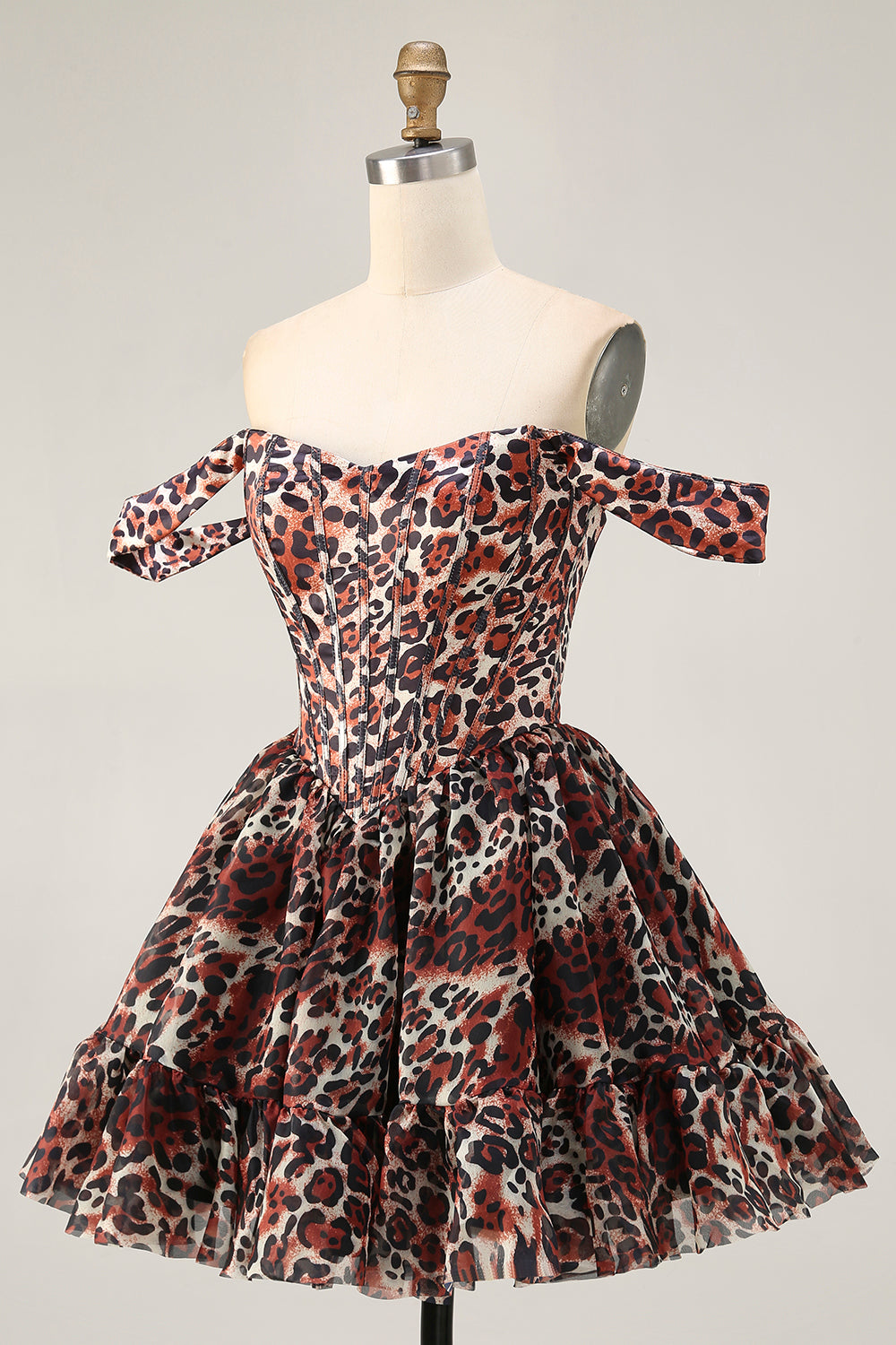 Khaki Cheetah Print Off the Shoulder Short Corset Homecoming Dress