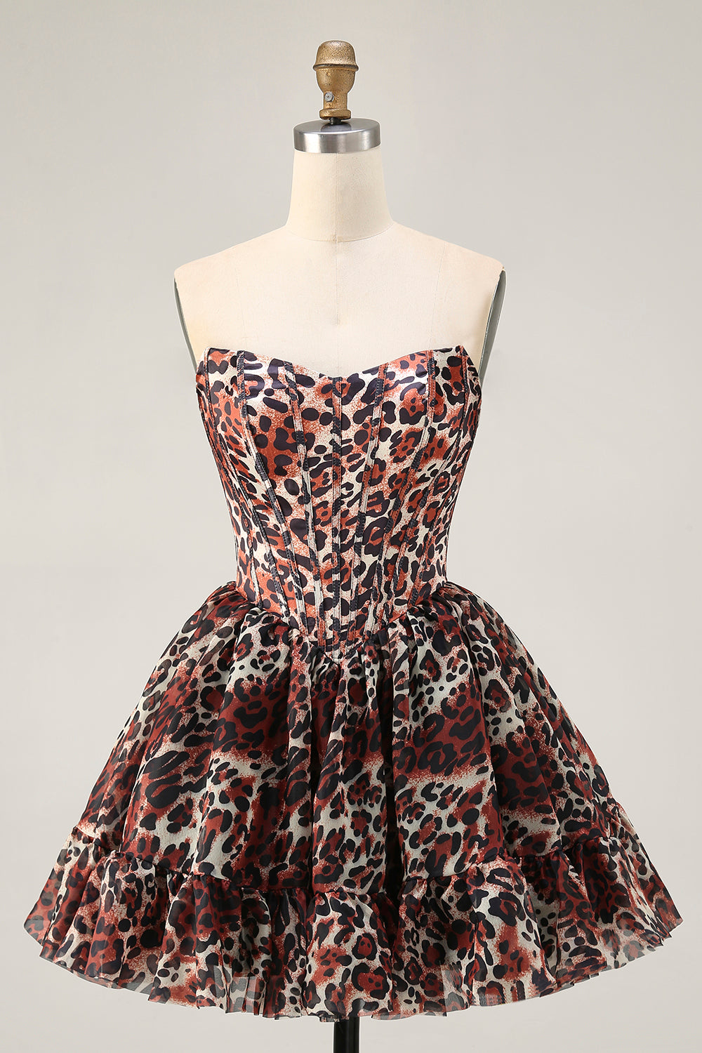 Khaki Cheetah Print Off the Shoulder Short Corset Homecoming Dress