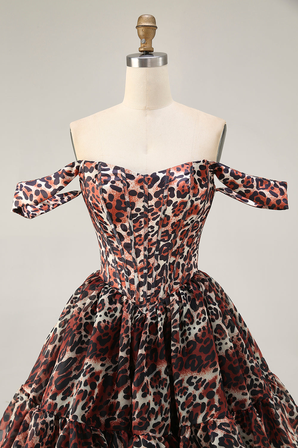 Khaki Cheetah Print Off the Shoulder Short Corset Homecoming Dress