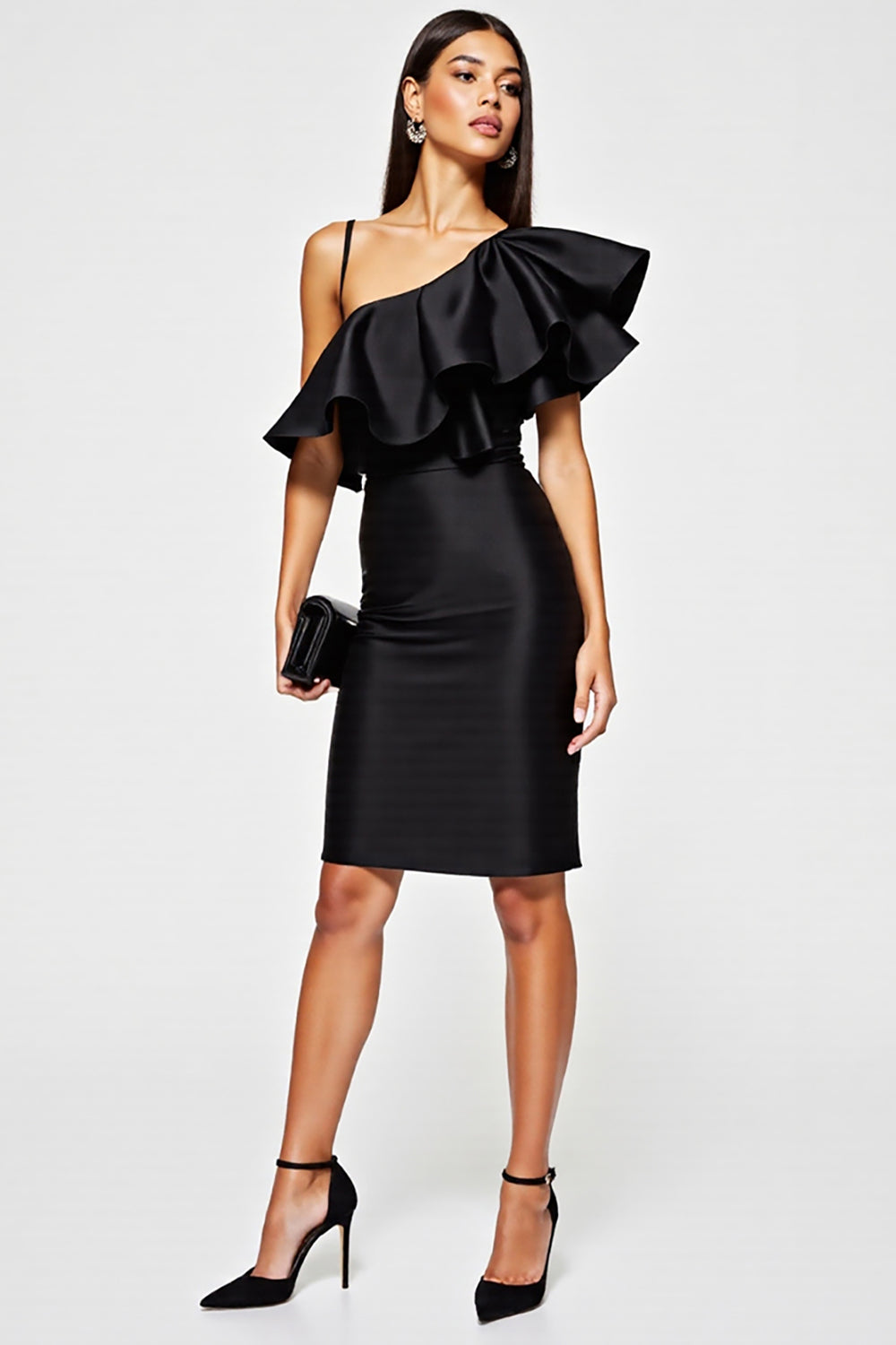 Black Bodycon Satin Short Cocktail Dress with Ruffles