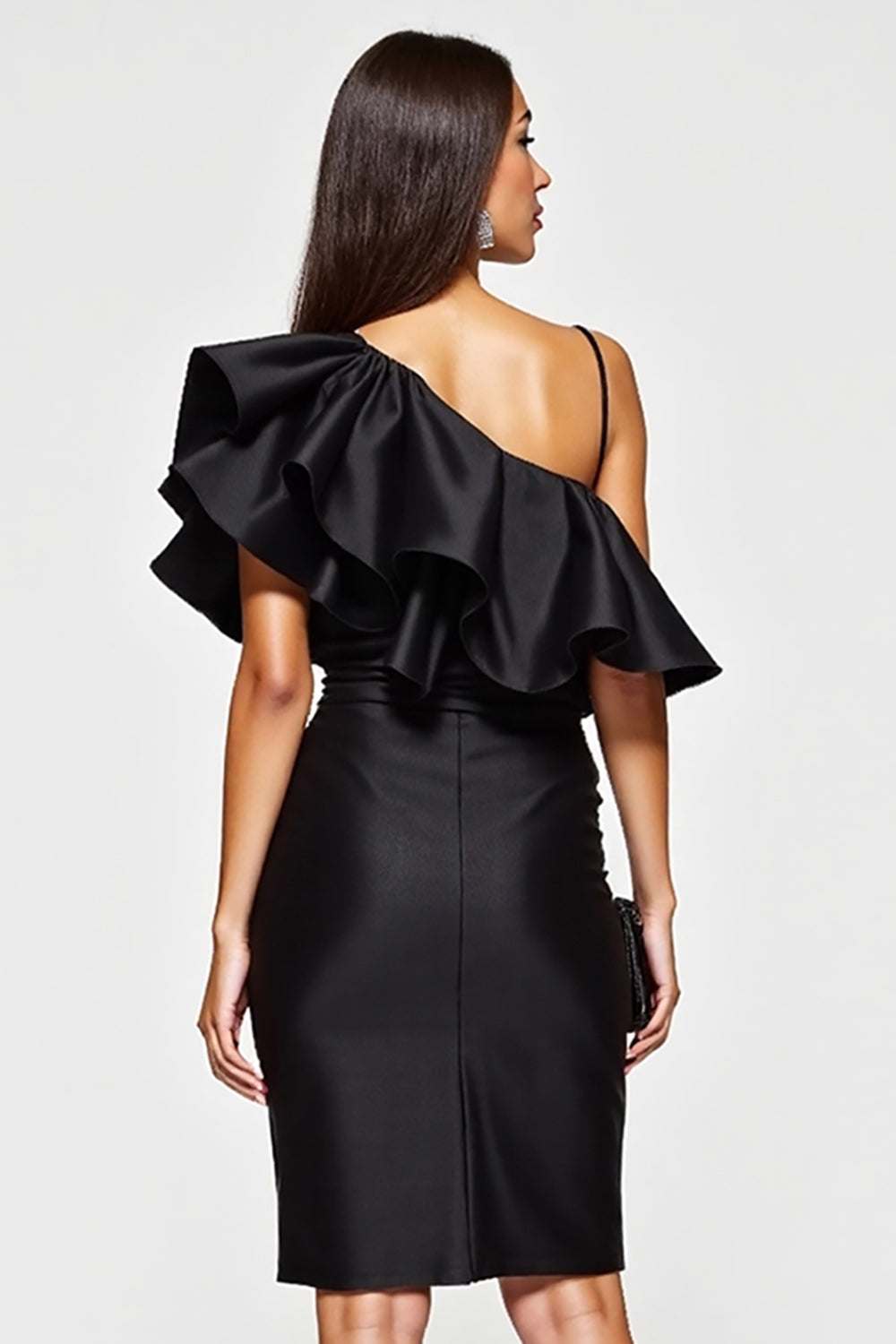 Black Bodycon Satin Short Cocktail Dress with Ruffles