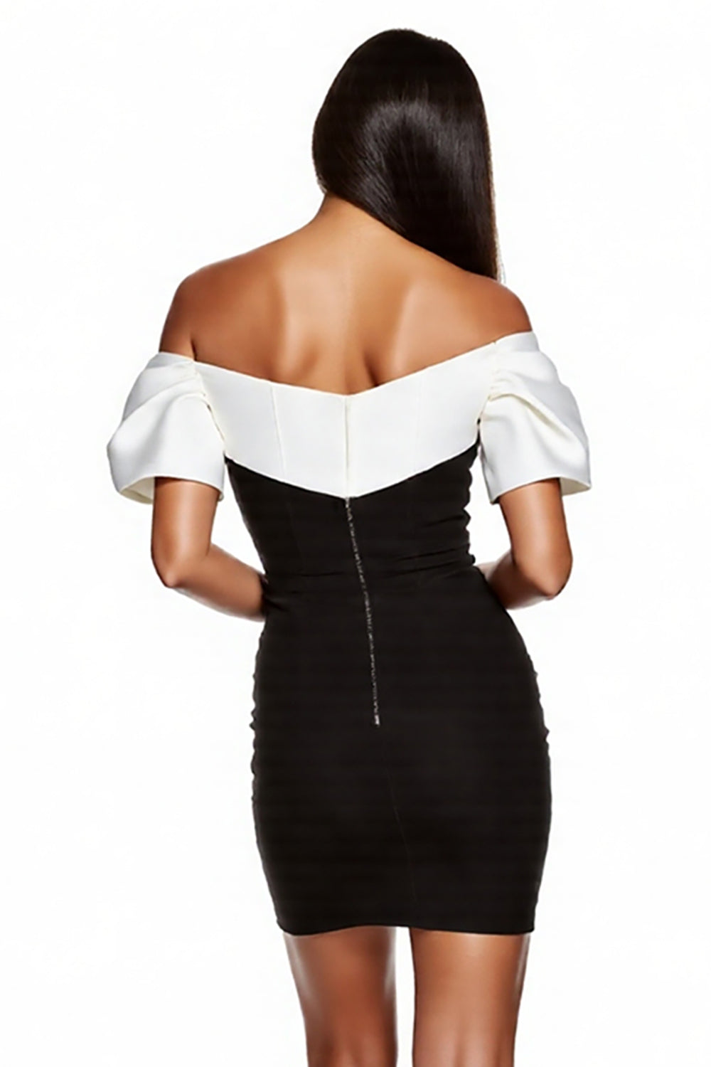 Black and White Patchwork Off the Shoulder Short Cocktail Dress