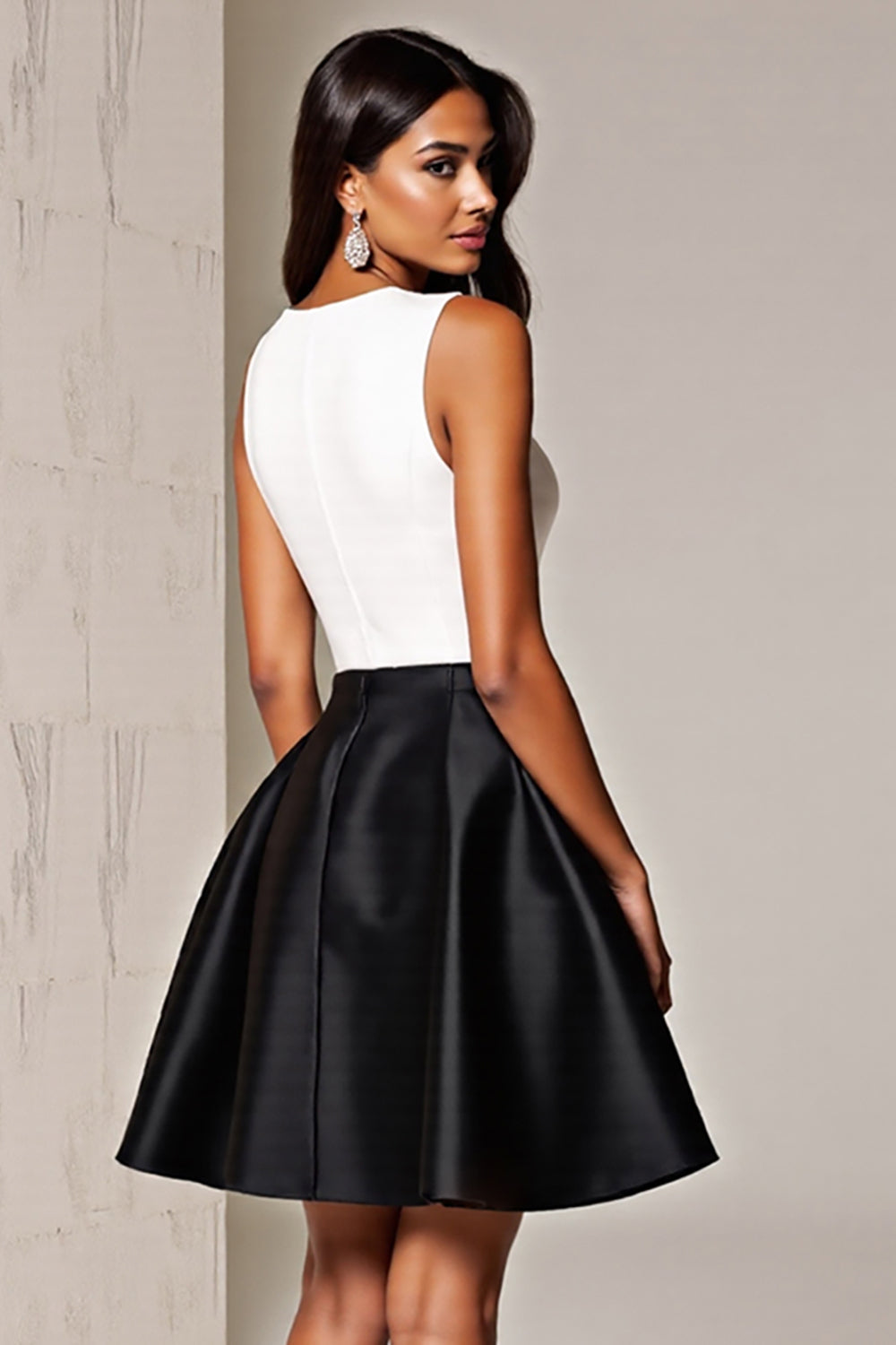 Simple Black and White Satin Patchwork Deep V-Neck Short Cocktail Dress