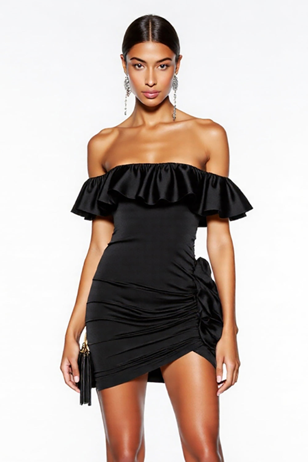 Black Satin Off the Shoulder Short Cocktail Dress with Ruffles