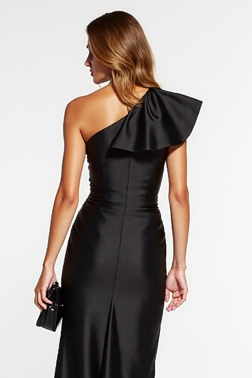 Black Satin Bodycon One Shoulder Midi Cocktail Dress with Ruffles