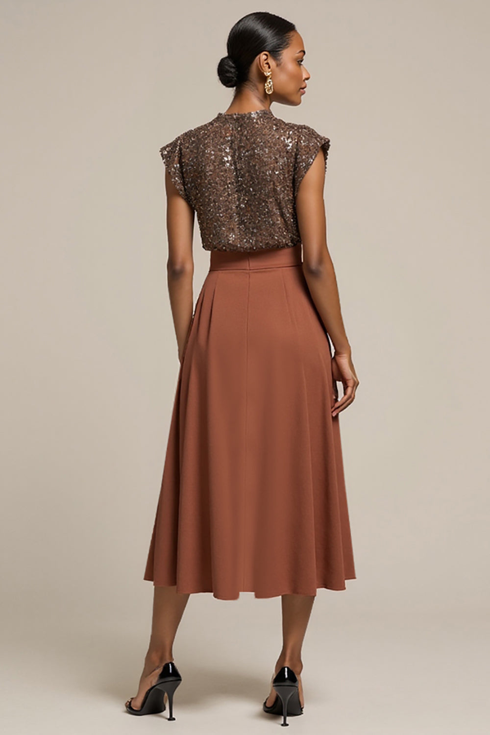 Sparkly Brown 2 Piece Satin Midi Work Blouses and Skirt with Sequins