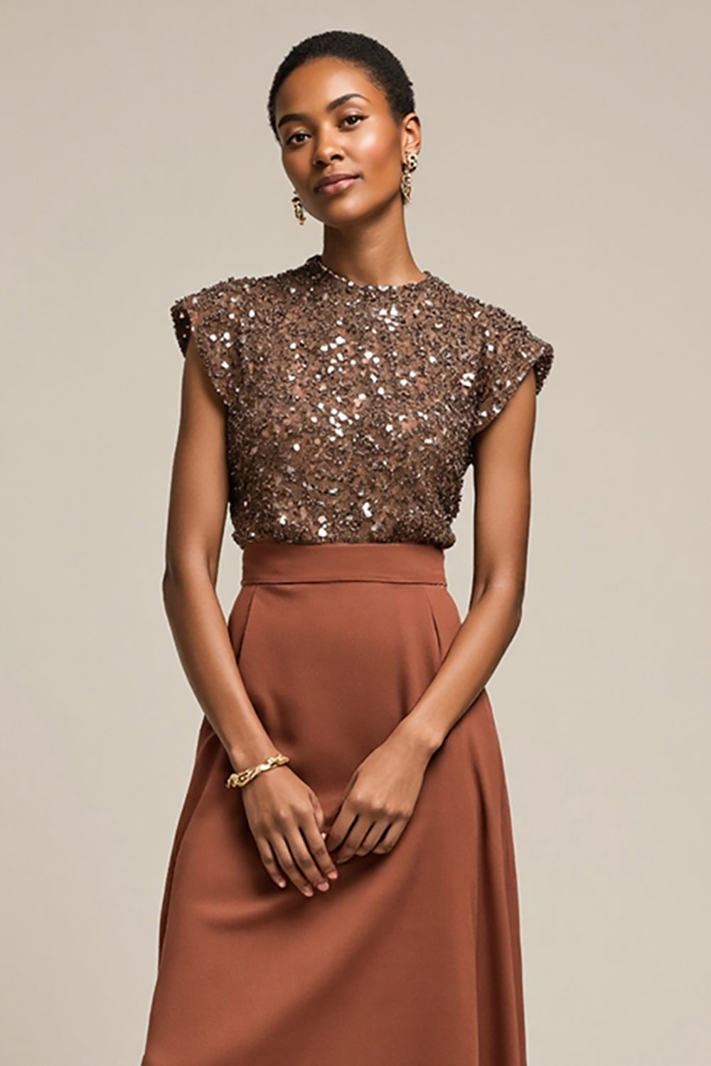 Sparkly Brown 2 Piece Satin Midi Work Blouses and Skirt with Sequins