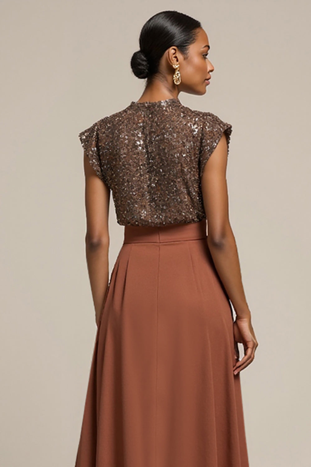 Sparkly Brown 2 Piece Satin Midi Work Blouses and Skirt with Sequins