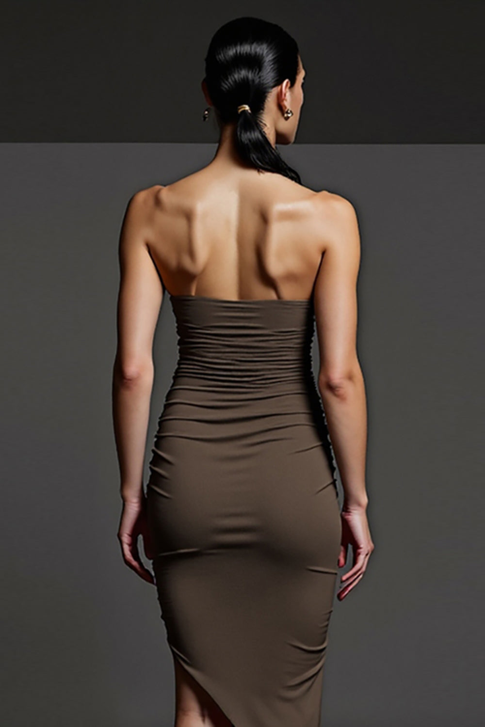 Coffee Pencil Strapless Ruched Asymmetrical Work Dress