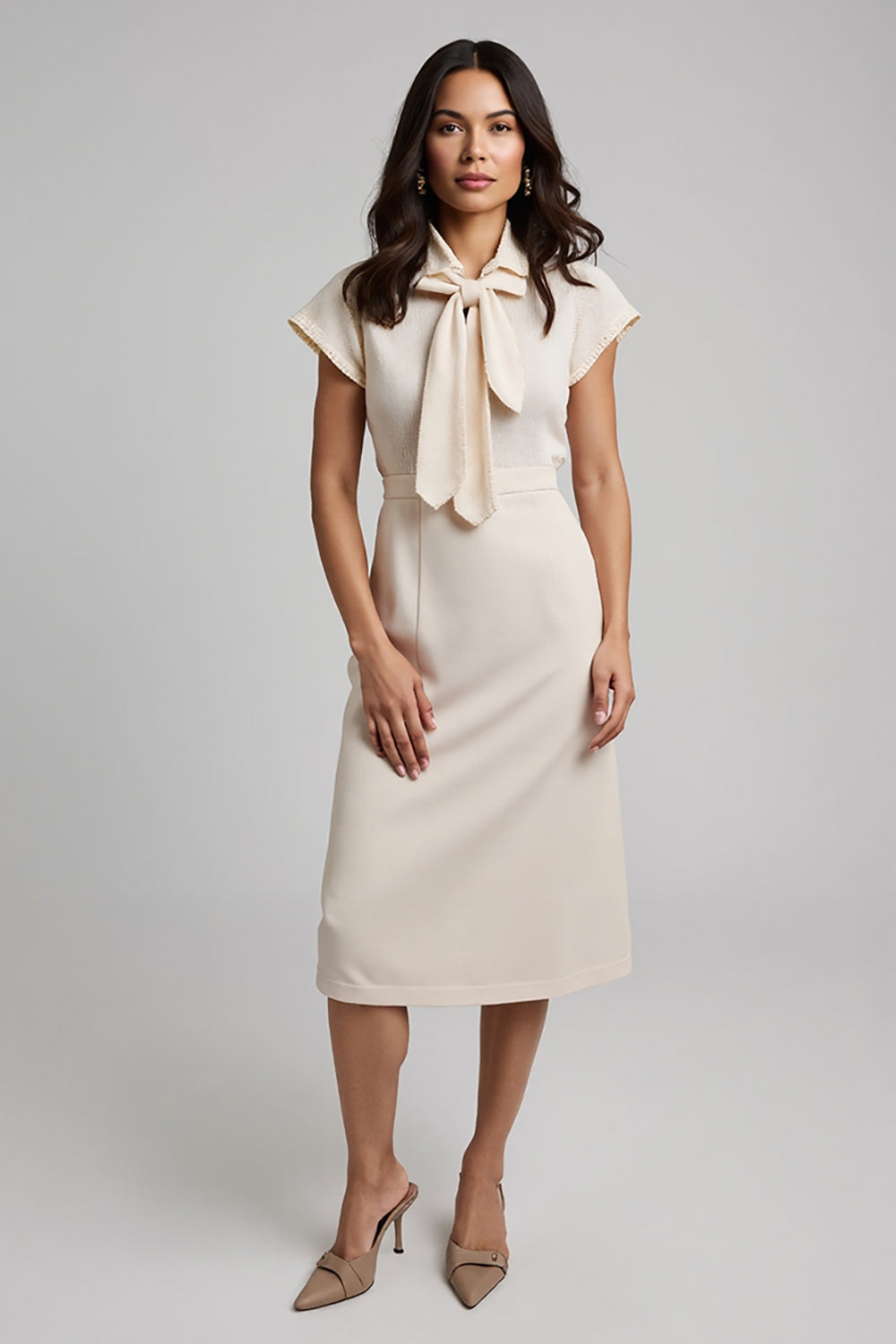 Simple Apricot Short Sleeves Midi Pencil Work Dress with Bow
