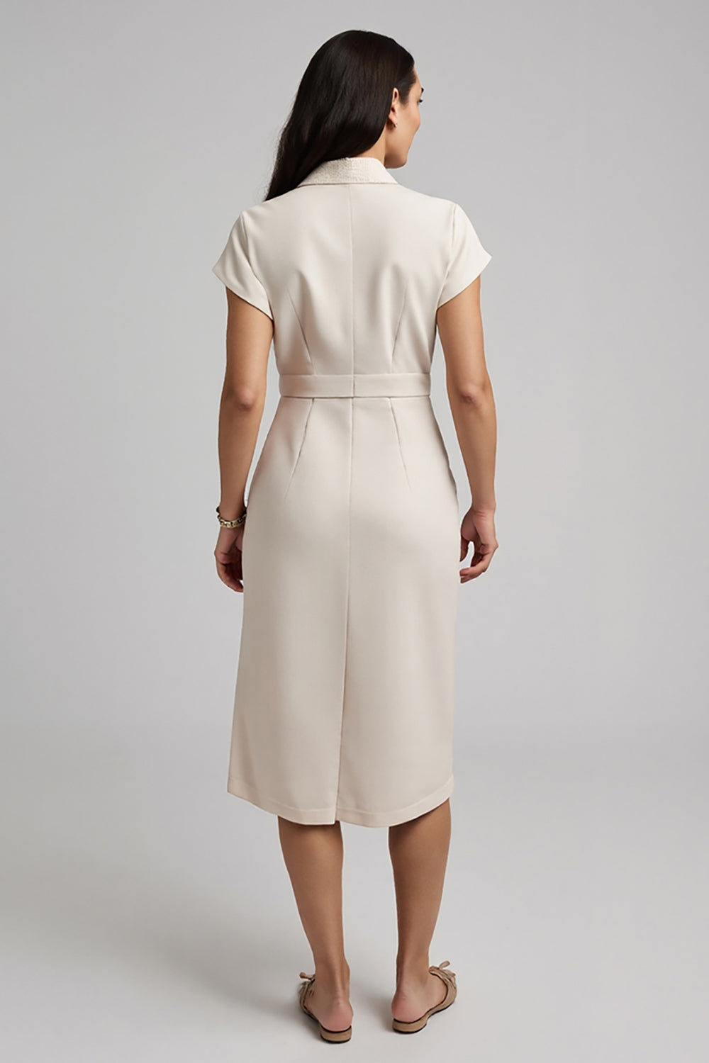 Simple Apricot Short Sleeves Midi Pencil Work Dress with Bow