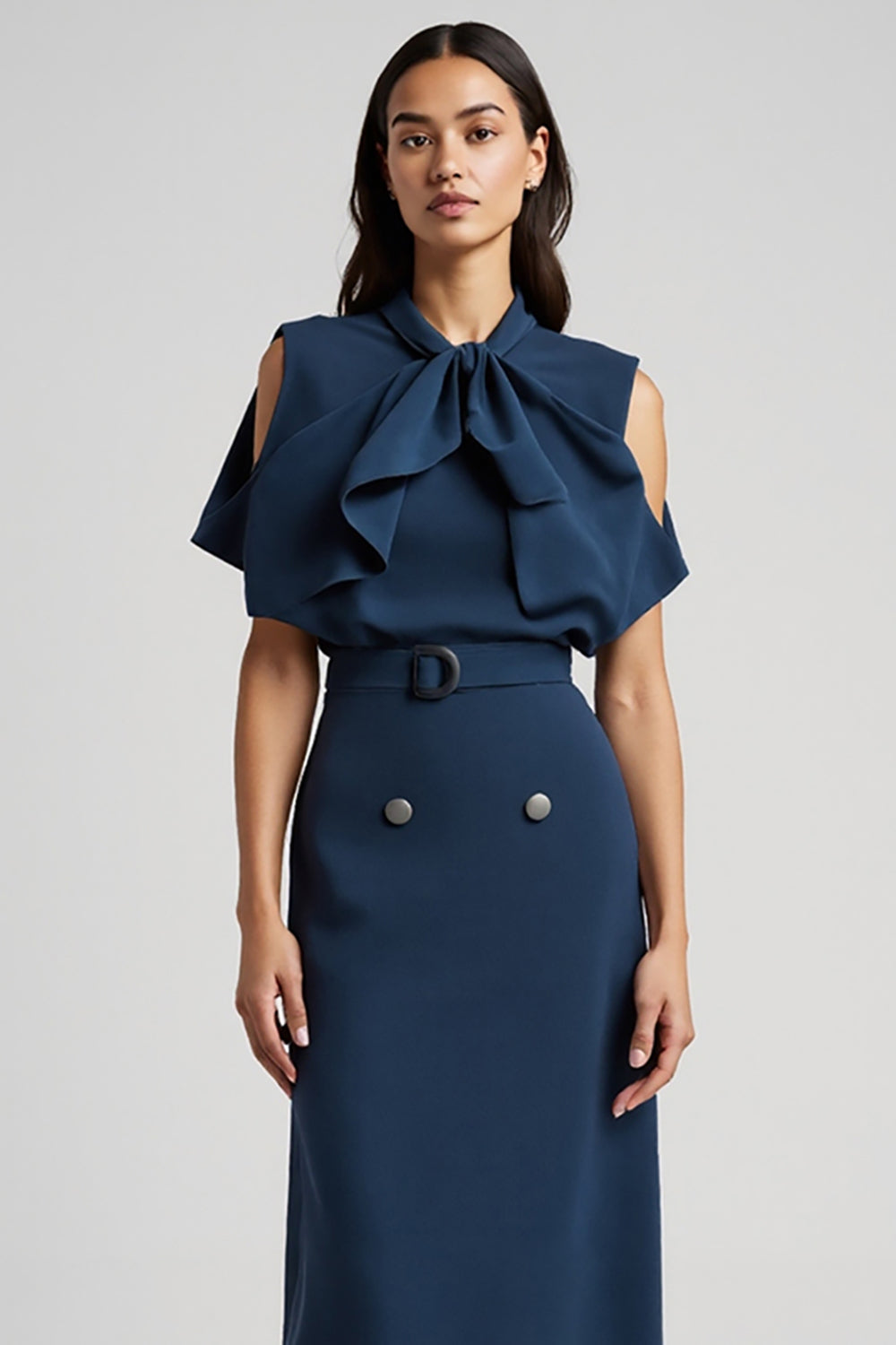 Dark Blue Short Sleeves Maxi Pencil Work Dress with Bow