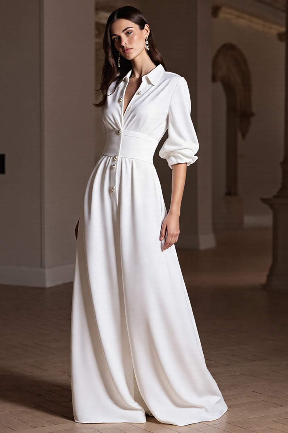 White A Line Collar Maxi Work Dress with Sleeves