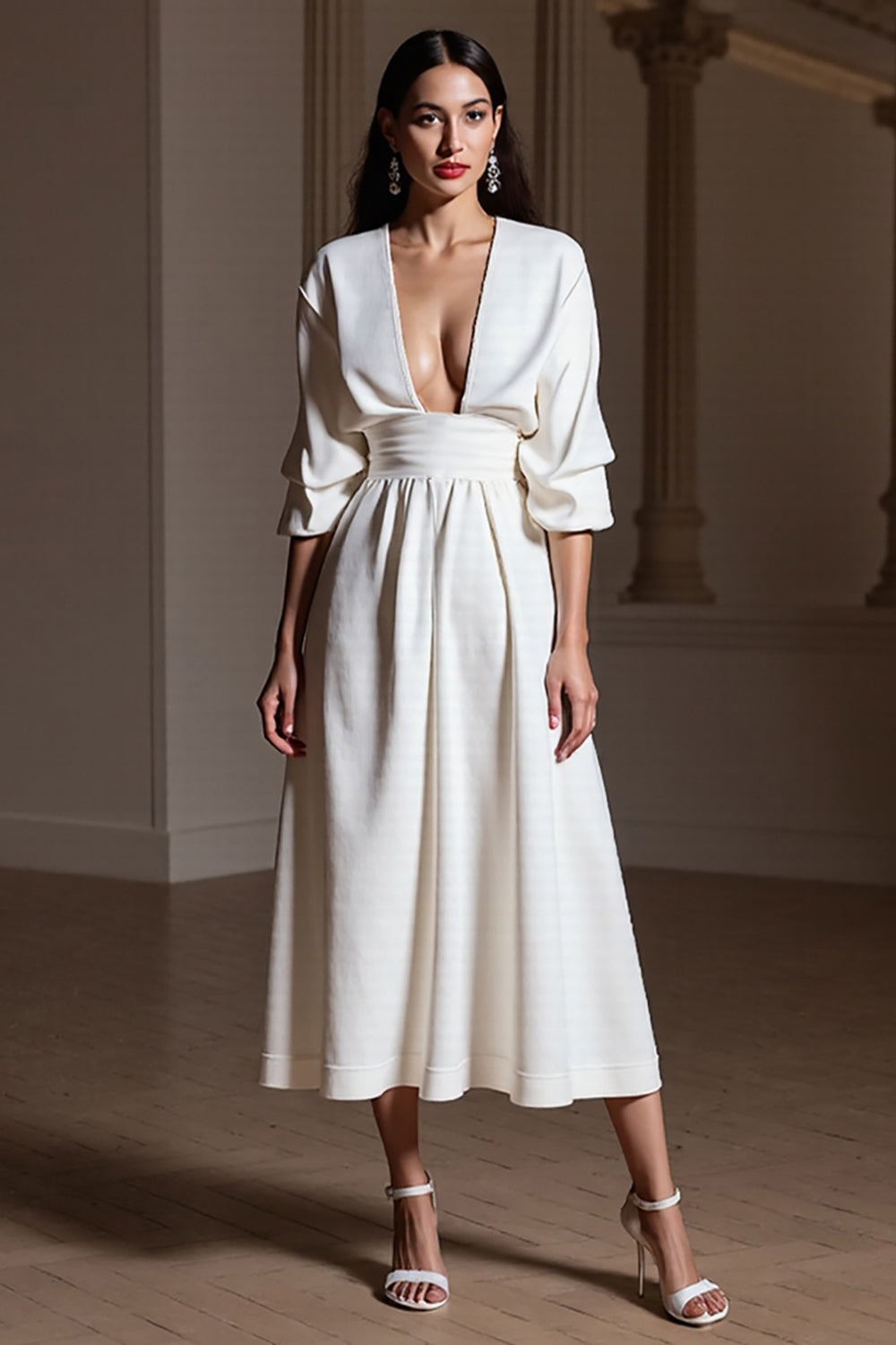 White A Line V-Neck Backless Maxi Work Dress with Sleeves