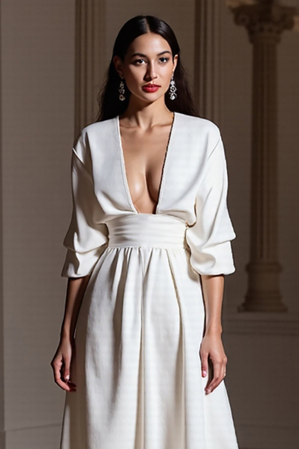 White A Line V-Neck Backless Maxi Work Dress with Sleeves