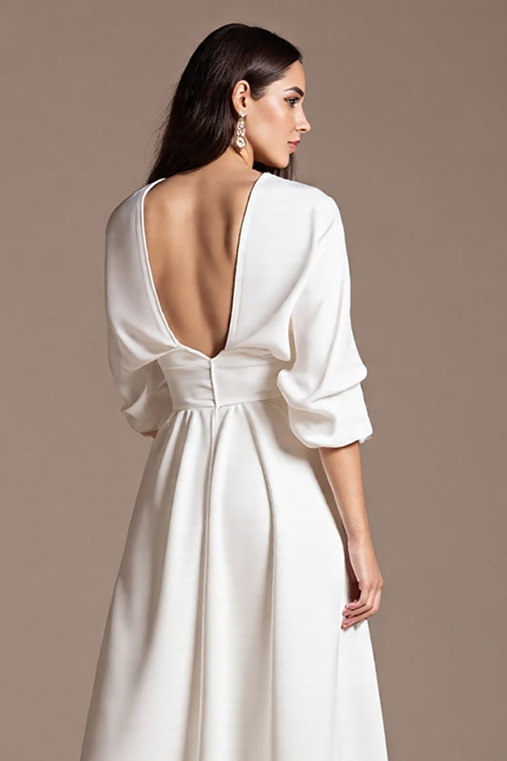White A Line V-Neck Backless Maxi Work Dress with Sleeves