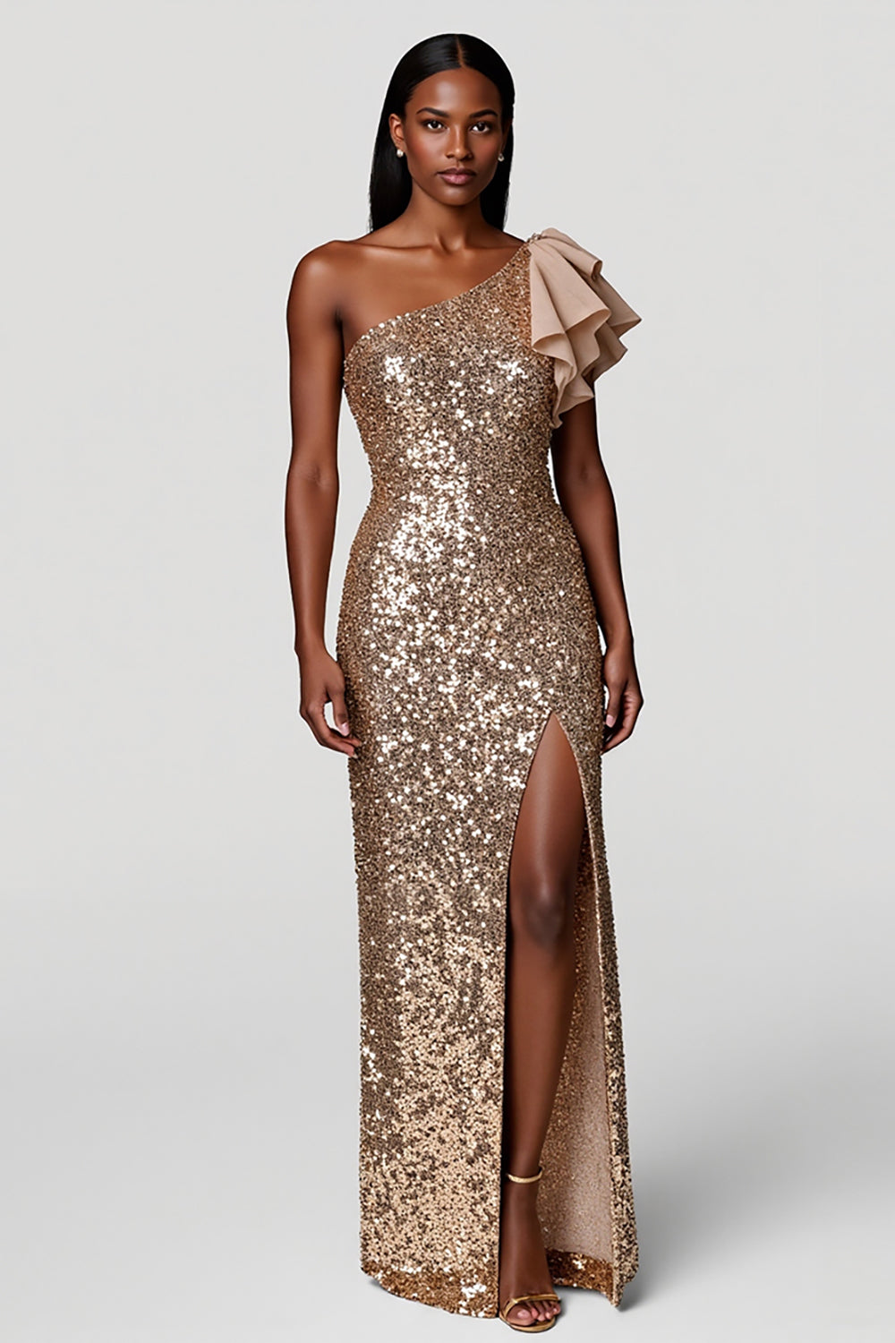Sparkly Champagne Ruffled One Shoulder Maxi Holiday Party Dress