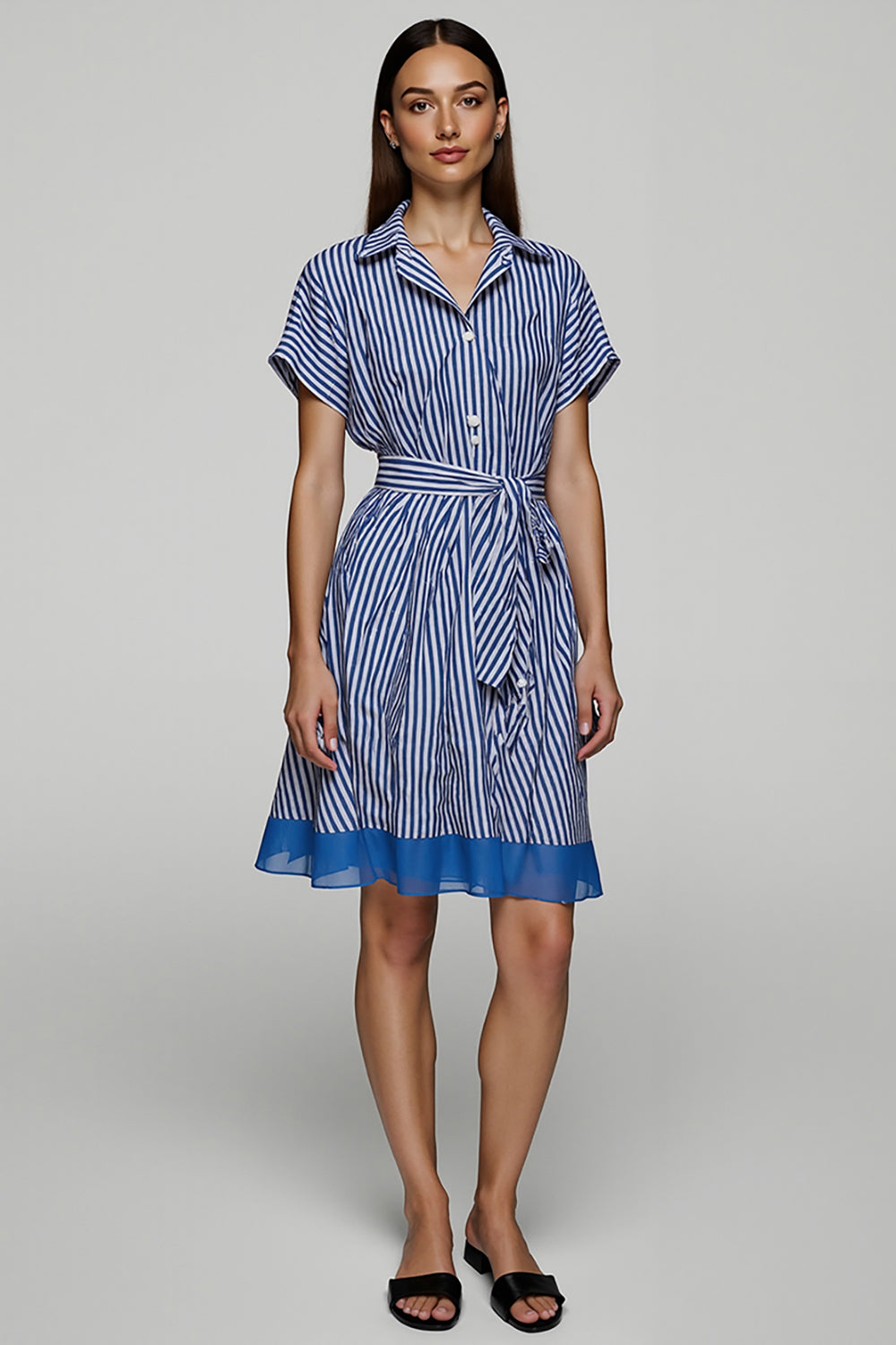 Blue Short Sleeves A Line Striped Short Shirt Dress with Sash