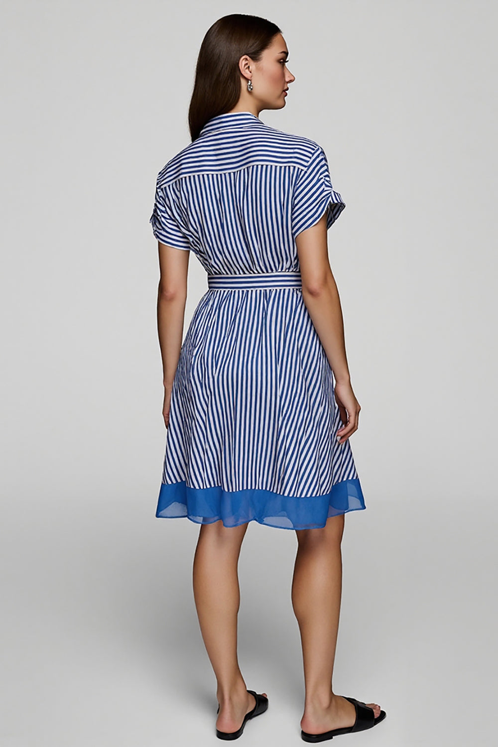 Blue Short Sleeves A Line Striped Short Shirt Dress with Sash