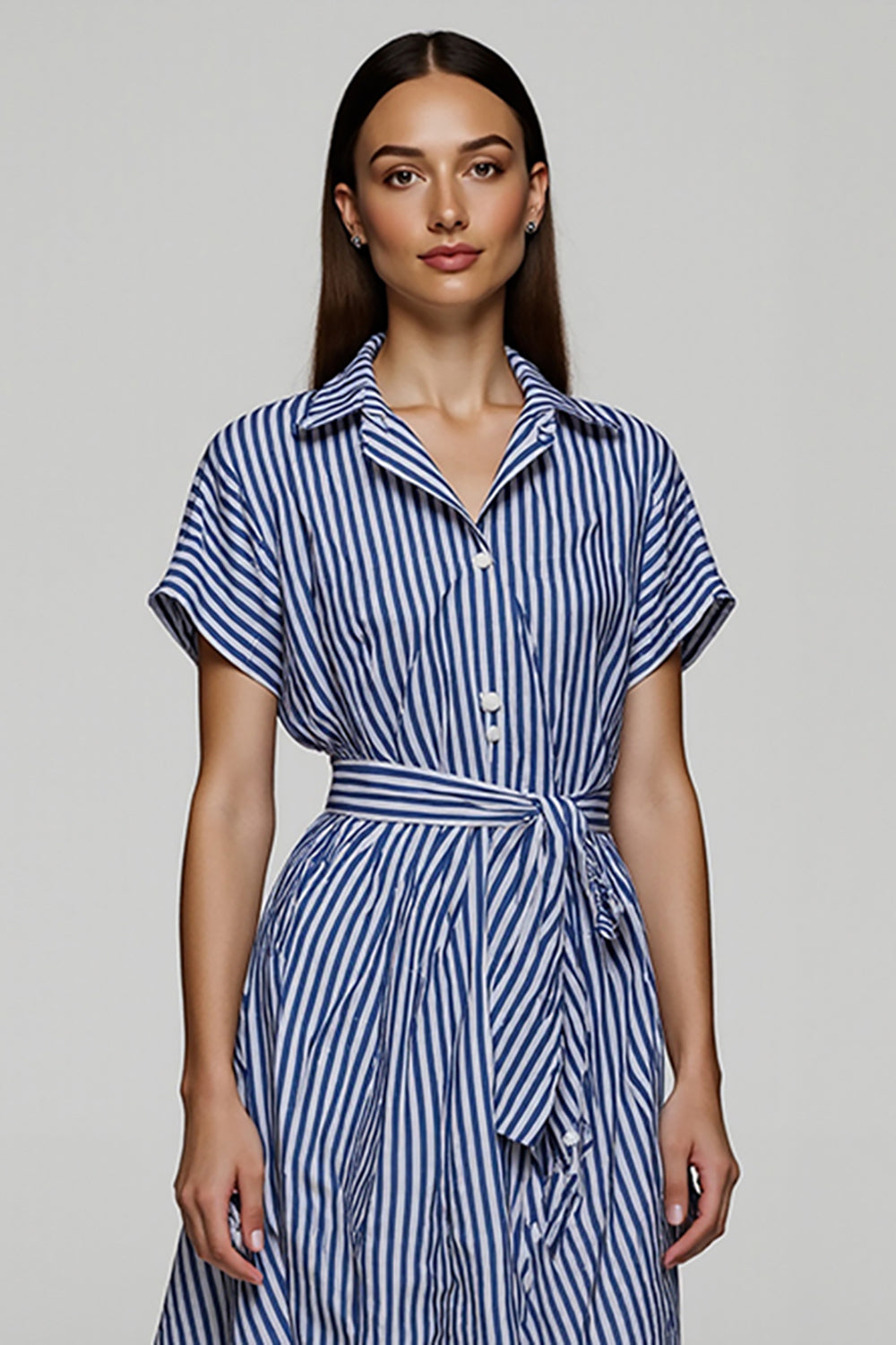 Blue Short Sleeves A Line Striped Short Shirt Dress with Sash