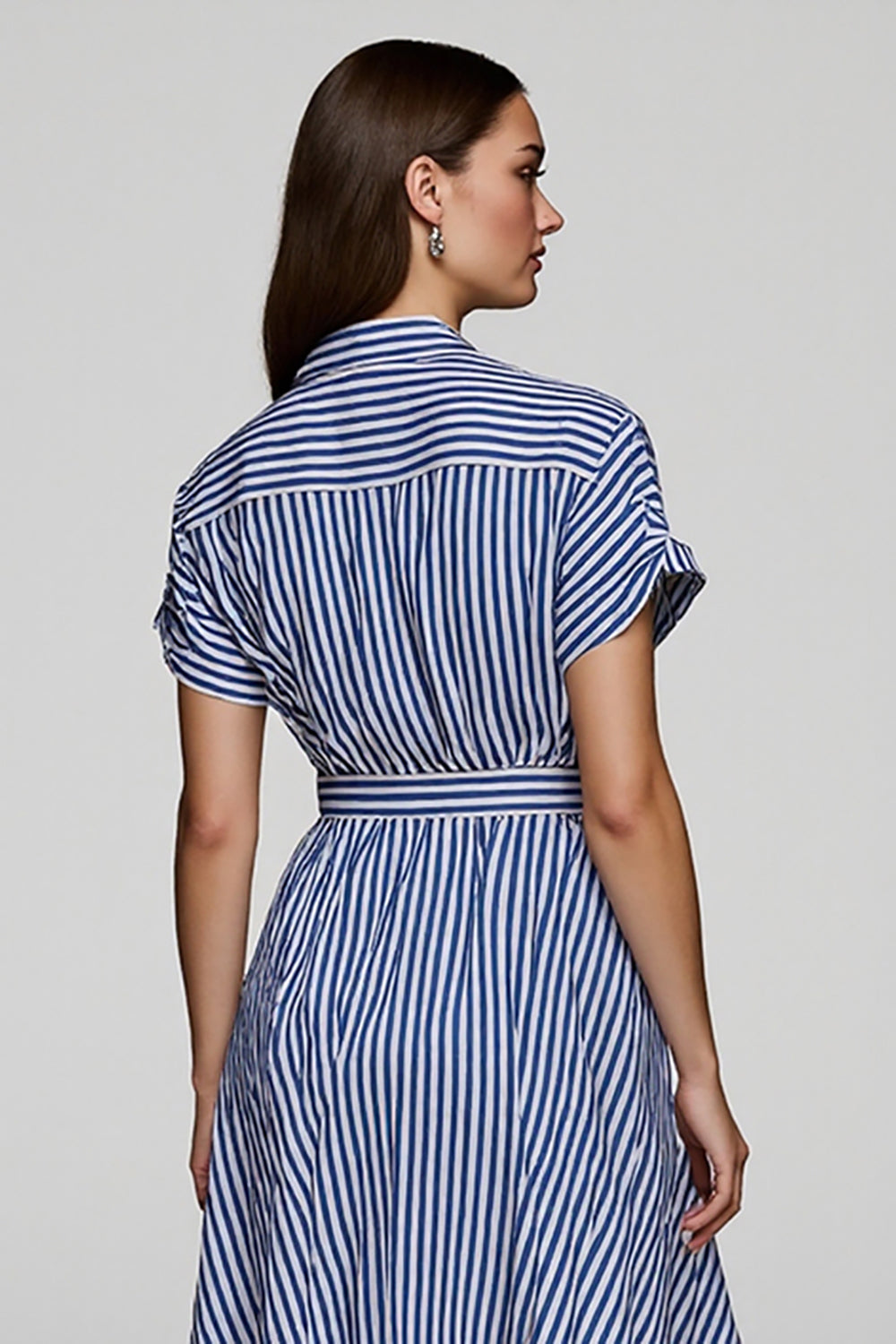 Blue Short Sleeves A Line Striped Short Shirt Dress with Sash
