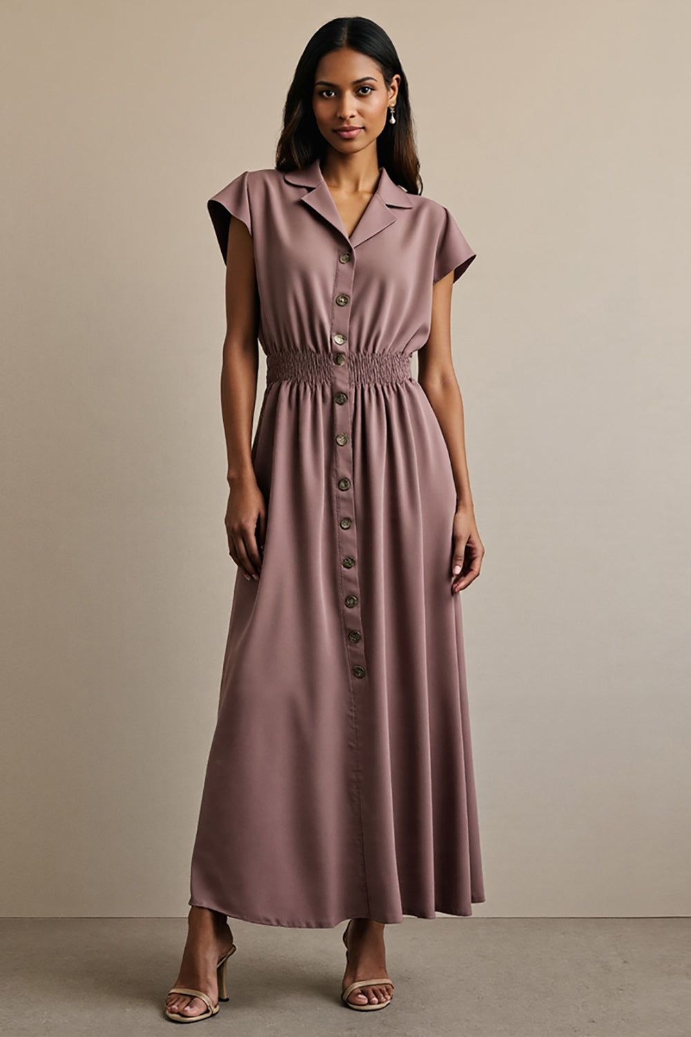 Grey Purple A Line Notched Lapel Maxi Work Dress with Cap Sleeves