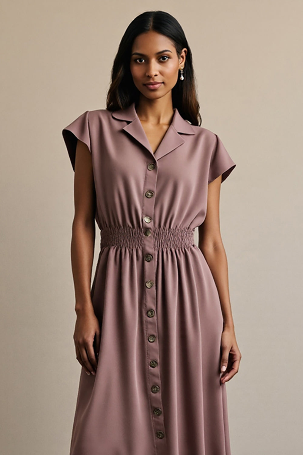 Grey Purple A Line Notched Lapel Maxi Work Dress with Cap Sleeves