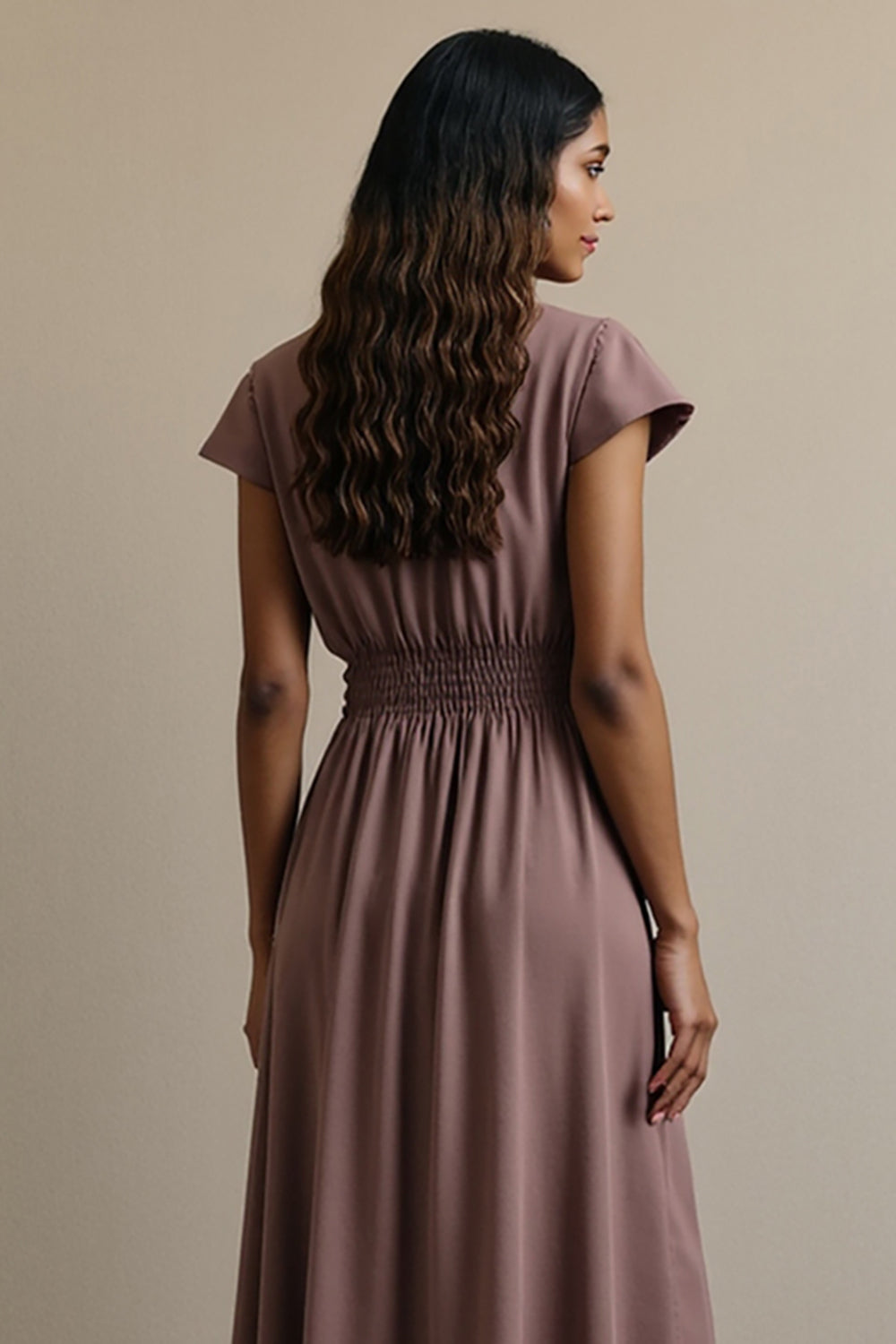 Grey Purple A Line Notched Lapel Maxi Work Dress with Cap Sleeves