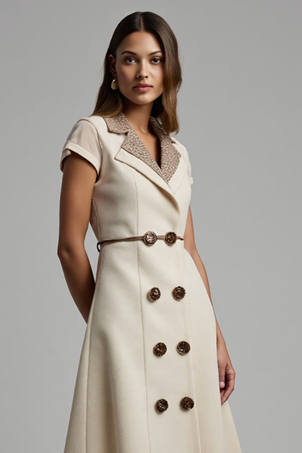 Apricot Leopard A Line Notched Lapel Midi Work Blazer Dress