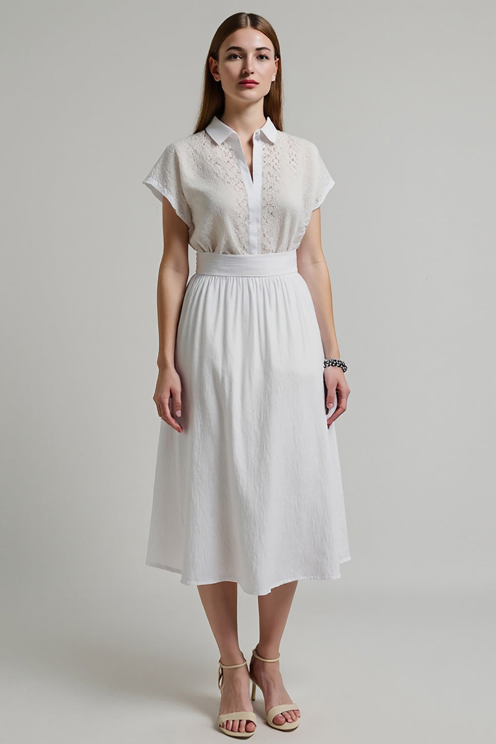 2 Piece White A Line Midi Work Blouse and Skirt with Short Sleeves