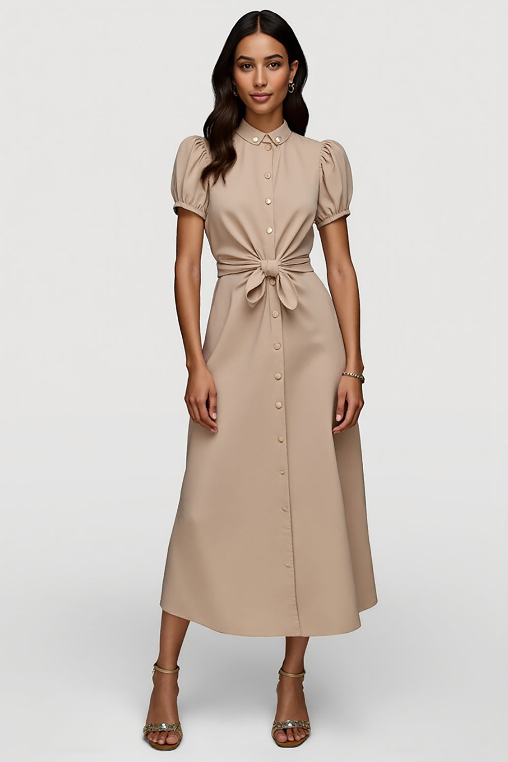 Khaki Ruched Short Sleeves Maxi Work Dress with Sash