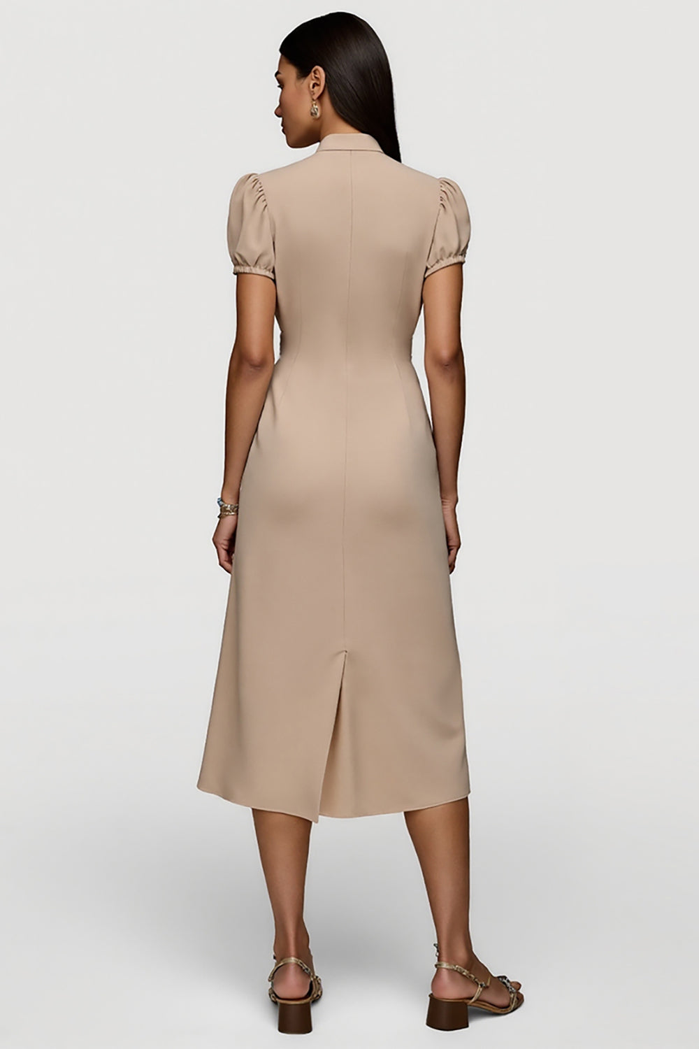 Khaki Ruched Short Sleeves Maxi Work Dress with Sash