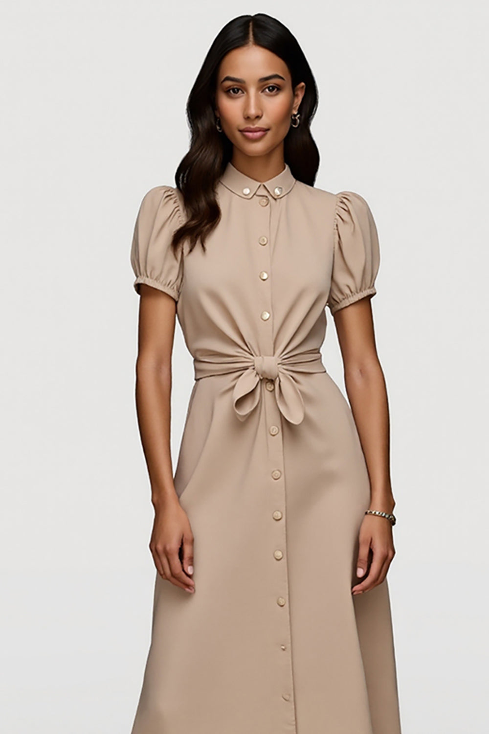 Khaki Ruched Short Sleeves Maxi Work Dress with Sash
