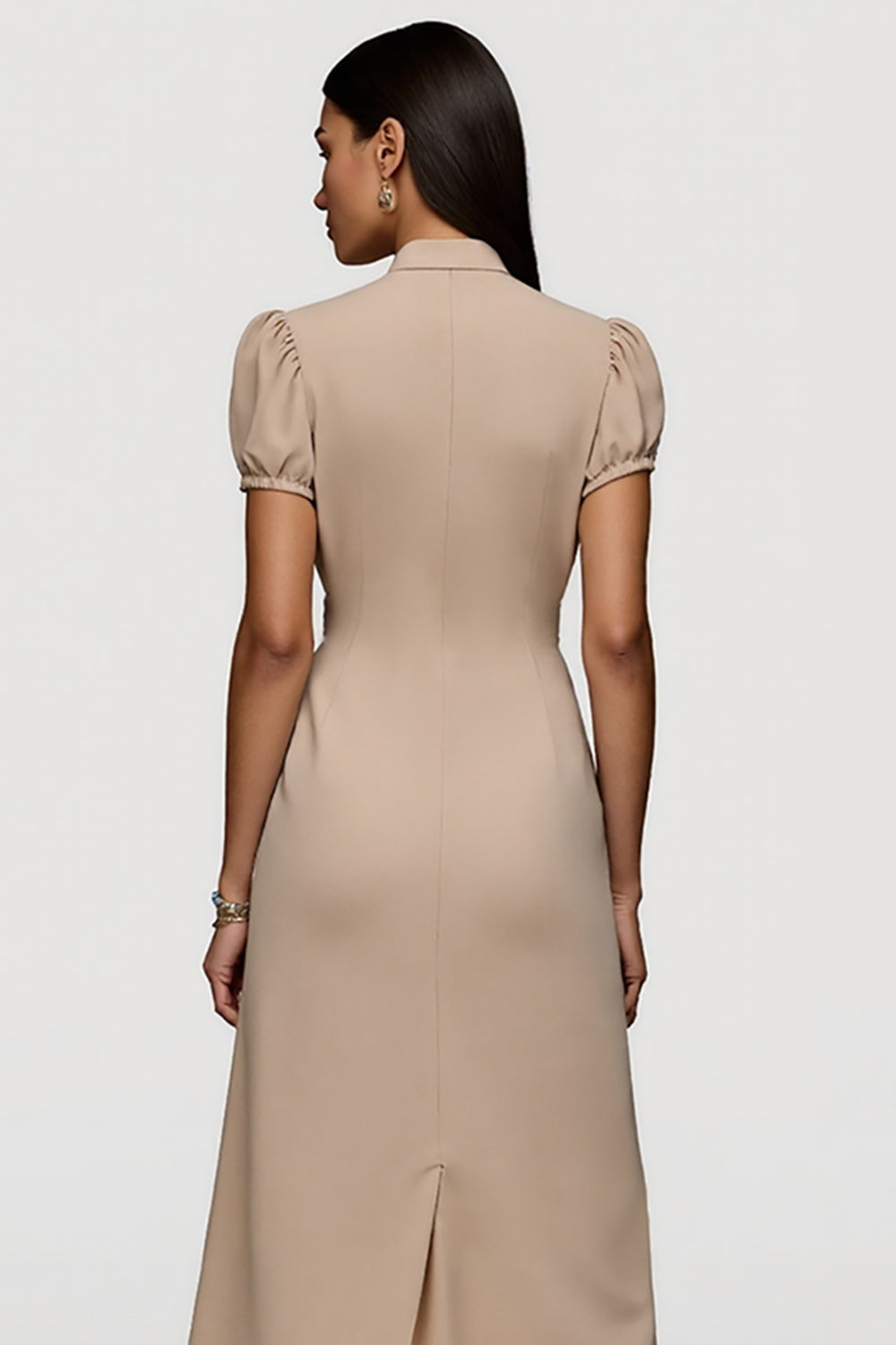 Khaki Ruched Short Sleeves Maxi Work Dress with Sash