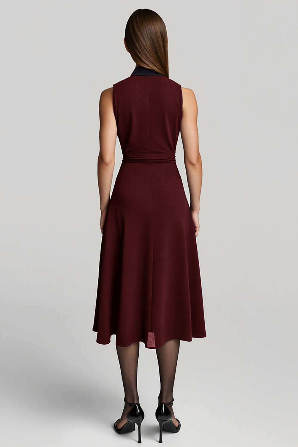 Burgundy A Line Midi Halter Work Dress with Sash