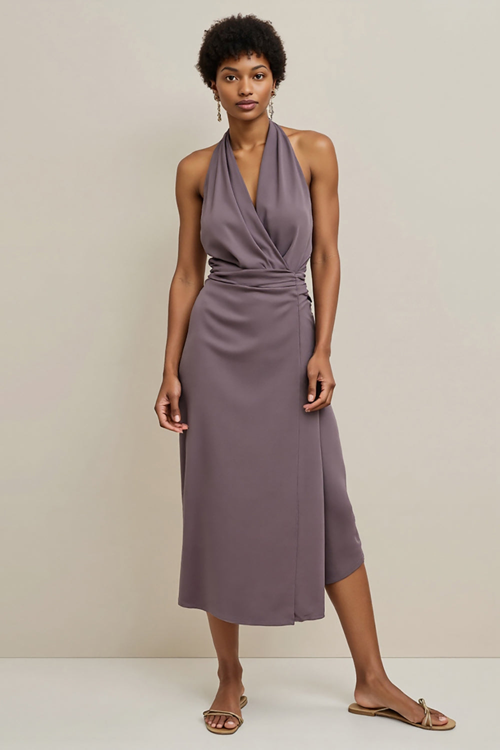 Grey Purple Pencil Halter Ruched Maxi Satin Work Dress