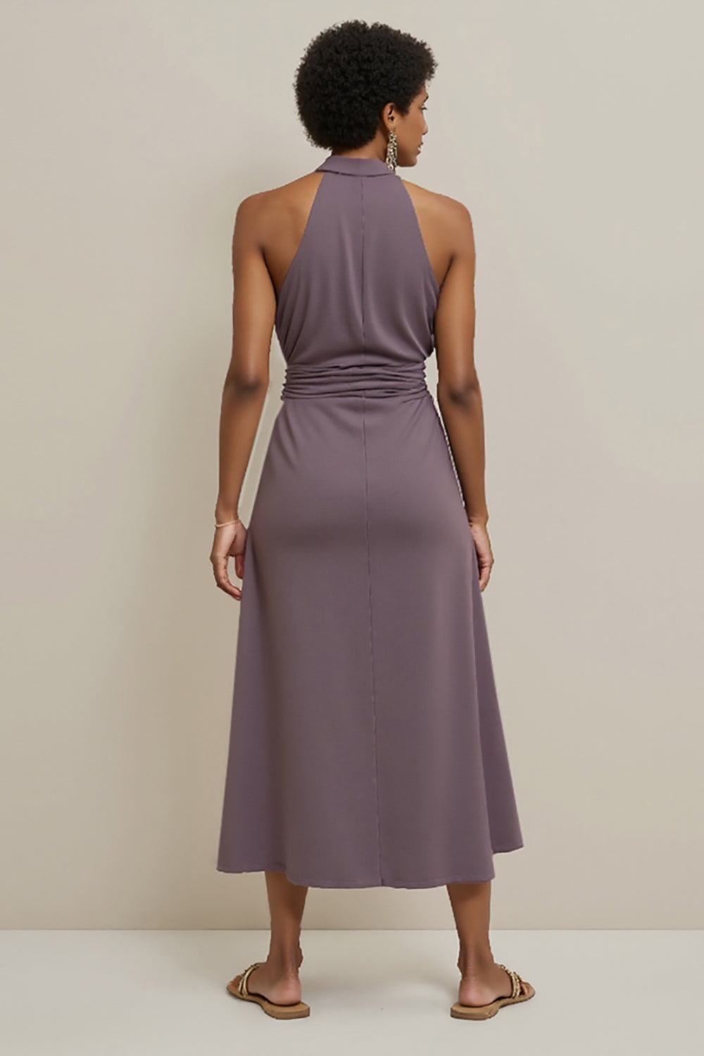 Grey Purple Pencil Halter Ruched Maxi Satin Work Dress
